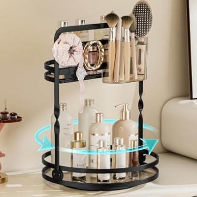 [DUANFEE] DUANFEE Rotating Makeup Organizer, Black Perfume Organizer for Dresser, Spinning Bathroom Countertop Organizer, 2 Tier Lazy Susan Vanity Tray Skincare Storage Cosmetic Display Case with Brush Holder