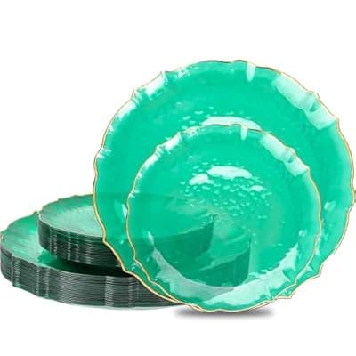 [bUCLA] bUCLA 40PCS Clear Green Plastic Plates - Green and Gold Disposable Hammered Plates Fancy Lace-Edge, Crystal Design for 20 Guests Include 20 Each(Dinner&Dessert), Ideal for Party & Christmas