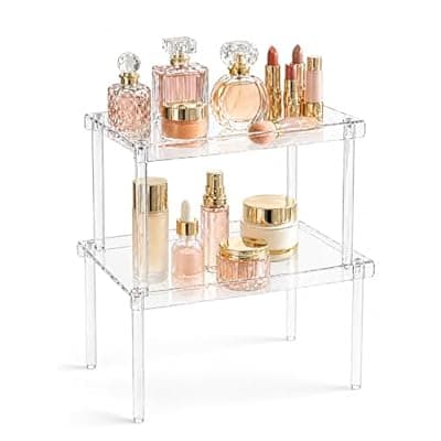 [Porceluxe] Spice Organization for Cabinet, 2 Pack Stackable Acrylic Shelf Set, Versatile Spice Rack Organizer for Kitchen Pantry, Countertop, Bathroom, Office, Apartment, Ideal for Small Spaces and Gift Giving
