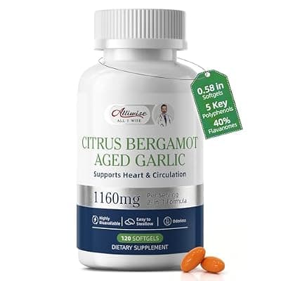 [Alliwise] Citrus Bergamot with Aged Black Garlic Extract Softgels, 1160mg Cholesterol Support Supplement, 80% Polyphenols Bergamot Supplement for Heart, Circulation & Metabolic Health, Odorless 120 Gelcaps