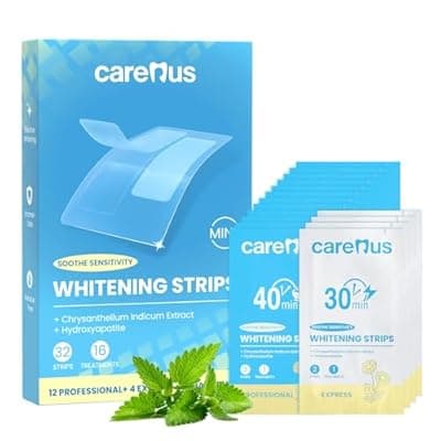 [CARERUS] Carerus Teeth Whitening Strips, 16 Treatments, Hydroxyapatite Formula for Sensitive Teeth, Enamel-Safe & Residue-Free, Gentle Tooth Whitener, Mint, Last-Minute Hangouts (32 Strips)