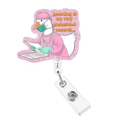 [XIBUSANA] Cute Pink Silly Goose Badge Reel with Alligator Clip & 24" Durable Nylon Cord Funny Acrylic Retractable Nurse Badge Holder for Nurses RN EN Doctor Paramedic Teachers Medical Office Womens