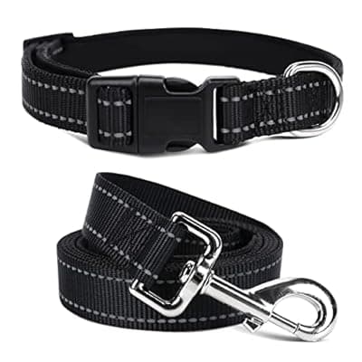 [Jumpress] Jumpress Soft Neoprene Padded Dog Collar and Leash Set for Small Medium Large Dogs, Reflective Durable Nylon Dog Collar with 5ft Leash Easy for Walking, Black,Neck fit 10.5-15.5’’