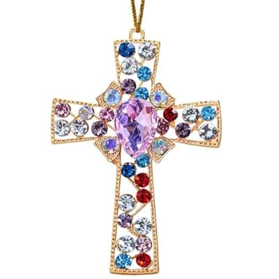 [JZILU] Cross Ornaments for Christmas Tree, Christian Ornament, Gold Metallic with Colorful Rhinestone, Religious Ornaments - Christmas Cross Religious Christian Gifts for Women