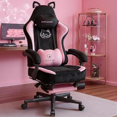 [GTPLAYER] GTPLAYER Pink Gaming Chair Cute with Cat Ears Ergonomic Computer Chair with Cat Embroidery Adjustable Memory Foam Lumbar Support and Headrest Comfortable Reclining Office Chair Soft Velvet Fabric