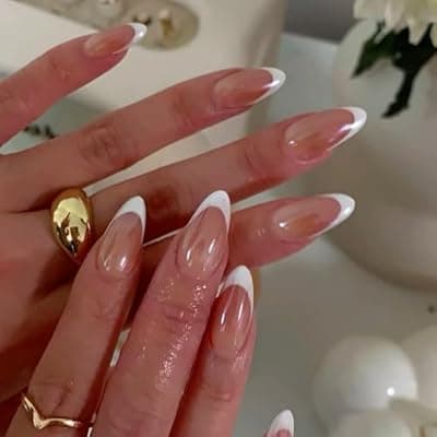 [YOSOMMK] YOSOMMK Mirror Pink French Tip Press on Nails Almond Shaped Medium Acrylic Fake Nails Press ons with Glue 24Pcs Glossy Cover Glue on Nail for Women Artificial Stick on False Nail in 12 Sizes