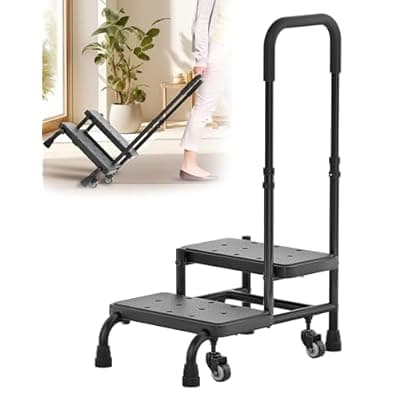 [Tafbrik] Tafbrik Step Stool with Handle for Elderly, 2 Steps Stool with Wheel, Non Slip Platform and Height Adjustable Handrail Support for Adults, Seniors, Bedside Steps for High Beds, Bathtub, RV (Black)