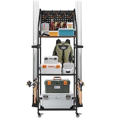 [Greenecocs] Greenecocs Fishing Pole Holders for Garage,3 Tiers Fishing Rod Rack,Holds up to 12 Rods,Fishing Organizer with Pegboard&Hooks&Lockable Wheels,Fishing Pole Storage for Reel Combos/Tackle/Fishing