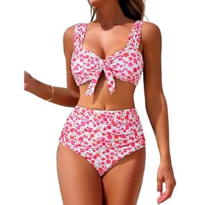 [ZAFUL] ZAFUL High Waisted Bikini Sets for Women Swim Suits 2026 Tummy Control Ruched Bikini Two Piece Bathing Suit Swimwear