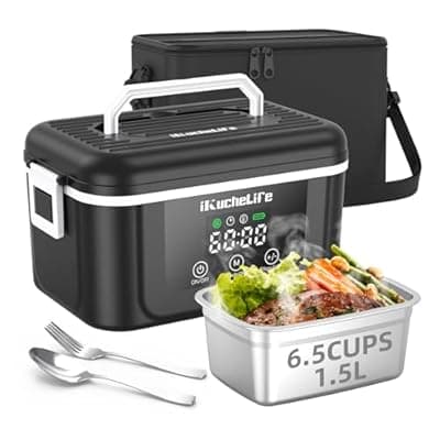 [ikuchelife] ikuchelife Heated Lunch Box, 6.5-Cup&18000mAh Cordless Electric Lunch Box with Scheduled Heating, 1.5L Rechargeable Portable Food Warmer with Digital Display for Work, Travel, Office, Camping（Black）