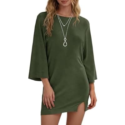 [Wenrine] Wenrine Womens Summer T Shirt Dress Casual 3/4 Sleeve Crewneck Slit Loose Shift Mini Dresses