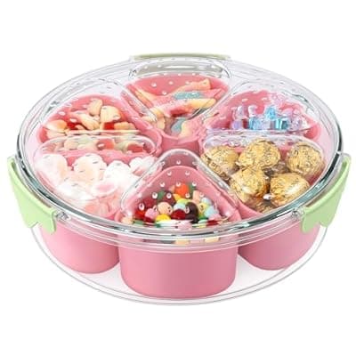 [Guzon] Guzon Strawberry-Shaped Divided Serving Tray with Lid, 6-Compartment Snackle Box Container for Fruits, Snacks, and Nuts, Versatile Veggie Tray for Kitchen, Travel and Picnic, Ideal Gift for Christmas