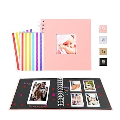 [piboshi] Scrapbook Photo Album with Black Paper Pages,DIY Scrapbook Album Black Sheet Pages for Wedding Anniversary Baby Family Memory Gift (7x7 Inch/Pink 2)