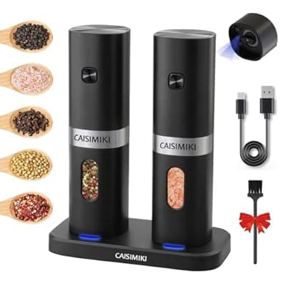 [CAISIMIKI] CAISIMIKI Electric Salt and Pepper Grinder Set 2 IN 1 USB Automatic Pepper Mill with Rechargeable Batteries and Charging Base Adjustable Coarseness One Hand Operated, 2 Pack
