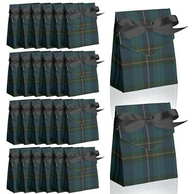 [Soaoo] Soaoo 24 Pcs Green Blue Tartan Plaid Gift Bags Tartan Wrapping Paper Bags with Ribbon Bow for Baby Shower Candy Cookies and Party Supplies Wedding Birthday Holiday Goodies(6.3 x 5.5 x 2.36 Inches)