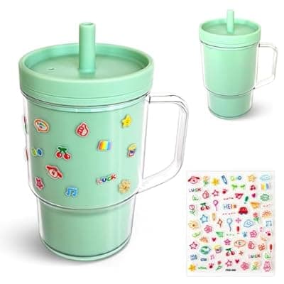 [Avalessia] Avalessia Baby Straw Cups for Toddlers 1-3 with Silicone Straw and Handle, 8oz Spill Proof and Heat Proof,BPA Free Dishwasher Safe Mini Stanley Style Cup with Cartoon Stickers for Kids (Mint green)