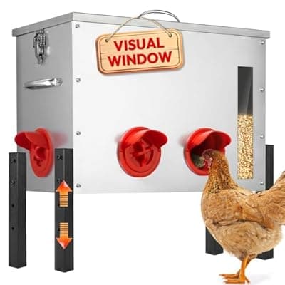 [TNELTUEB] Chicken Feeder Metal 40lb,Automatic Chicken Feeder with Viewing Window,No Waste Height Adjustable Large Capacity Poultry Equipment,Rat Proof,Rodent Proof,Weatherproof Silo,Outdoor Chicken coop