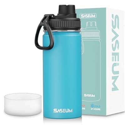 [SASEUM] SASEUM Kids Sport Water Bottle 16oz Stainless Steel Double Wall Vacuum Thermal Mug with Leak Proof Spout Lids, Wide Mouth Metal Insulated Water Jug for Gym and Travel（Sky Blue）