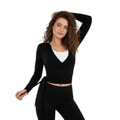 [Kryntex] Women Ballet Pilates Wrap Tops Long Sleeve Tie Front Crop Shirts Y2K Dance Workout Yoga Going Out Tops