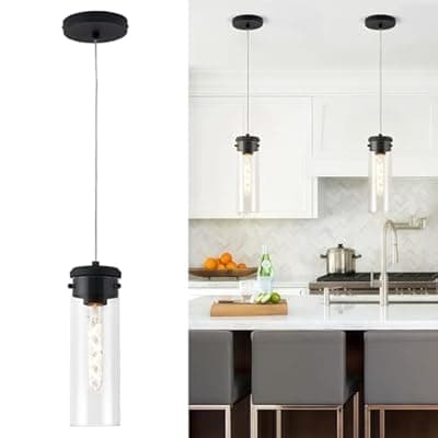 [puncoll] puncoll Clear Glass Pendant Lights - Industrial Black Pendant Light Fixtures for Kitchen Island - 1-Light Hanging Lights, H3955-1-CLBK