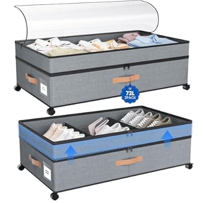 [Mqaue] Mqaue Storage Box,Under Bed Storage with Wheels 72L XXL Under the Bed Storage Containers Large, 10‘’ Tall Adjustable Storage for Underbed with Lids, Rolling for Shoes, Clothes, Blankets, Grey
