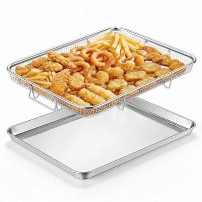 [E-far] E-far Air Fryer Basket for Oven, Large 16” x 12” Stainless Steel Air Fryer Pan and Crisper Tray, Air Fryer Rack with Baking Pan for Crisper Foods Frying Baking Roasting, Dishwasher Safe