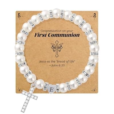 [BAYLAY] BAYLAY First Communion Gifts for Girls, Cross Bracelet for Teen Girl First Communion Bracelet for Girls Pearl Letter Initial Charm Bracelet First Holy Communion Gifts for Girl Catholic