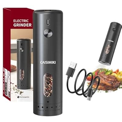 [CAISIMIKI] CAISIMIKI Large Capacity Rechargeable Electric Pepper Grinder 2025 New Pepper Mill USB Black Automatic Pepper Mill Adjustable Coarseness Salt Shakers with LED Light One Hand