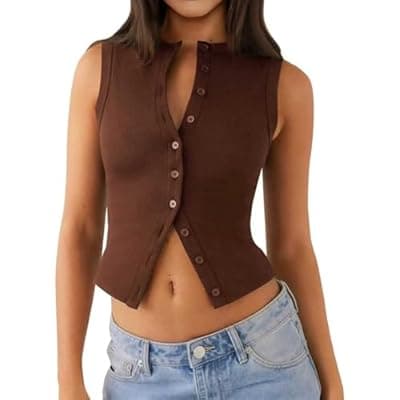 [Relety] Relety Womens Crop Tank Tops Going Out Button Down Vest Seamless Ribbed Trendy Shirts Cute Sleeveless Summer Spring Y2K Cami