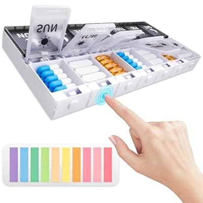 [Fancybird] Push Button Weekly Pill Organizer 2 Times a Day, Medicine Pill Organizer with Label, Pill Box Case 7 Day AM PM, Pill Container for Vitamins, Fish Oil, Supplements Medication (Black & White)