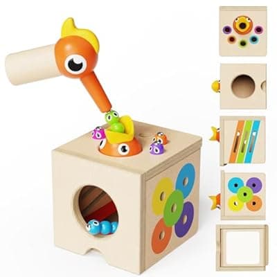 Paisure Montessori Toys for 1 Year Old, 5-in-1 Wooden Play Kit Learning Educational Toy for Toddler with Magnetic Bird Feeding Game, Coin Box, Ball Drop Game, Match Stick Color, Sorting Stacking Toy