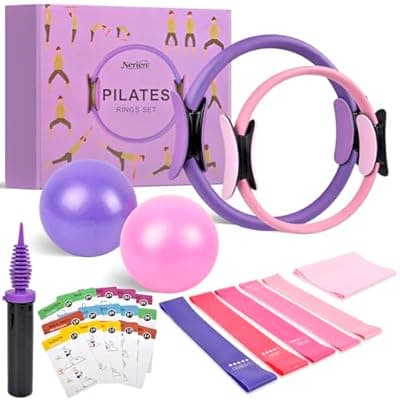 [Nerien] Pilates Ring Ball Equipment Kit - 27Pcs, 12" & 14" Magic Circle Workout Rings, 9.8" Exercise Balls, Workout Cards, Resistance Bands, Women Yoga Essentials Set for Beginners, Home Reformer Accessories