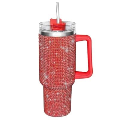 [HWISDMIG] 30oz Bling Rhinestone Studded Tumbler with Top Handle, Bling Cups Stainless Steel Water Bottle Diamond Glitter Tumbler for Women - Birthday Gifts for Women, Mom,Get Well Soon Gifts (Red)