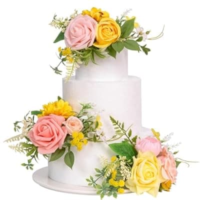 [TINGE TIME] TINGE TIME 3Pcs Pre-made Cake Toppers，Silk Artificial Flowers Decor，Cake Decorations for Weddings, Birthdays, Party,Baby Shower,Celebration (PeachPink&Yellow)