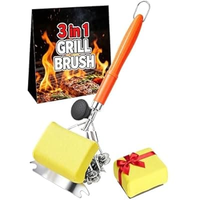 [YEBLEM] Magnetic 3-in-1 Grill Brush with Power Press Handle & Lock - 18" Detachable BBQ Cleaner for Heavy Duty Grime, Bristle-Safe Sponges, Ideal BBQ Gift for Men/Dad - Orange