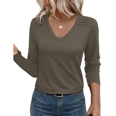 [JUSTFASHIONNOW] JUSTFASHIONNOW Pleated Long Sleeve Shirts for Women V Neck Dressy Casual Business Blouses Fall Tops 2025 Trendy