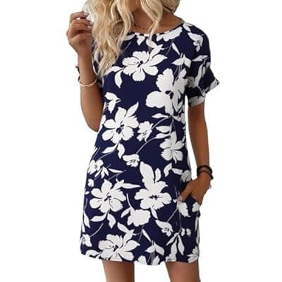 Wenrine Womens Summer Dress 2025 Floral T Shirt Dress Casual Cap Sleeve Crewneck Loose Boho Shift Mini Dresses