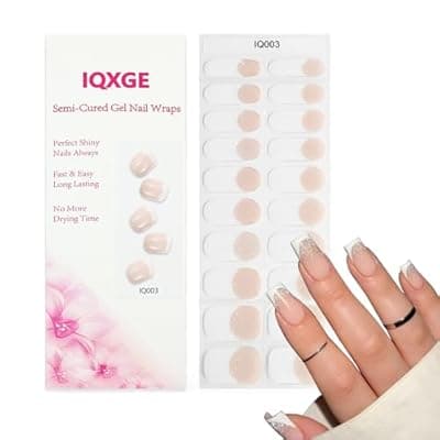 [IQXGE] IQXGE 20PCS Nude Semi Cured Gel Nail Strips French Tip UV Light Needed White Glitter Nail Wraps for Women Polish Gel Nails Stickers Full Glossy UV Nails Polish Strips with File, Wood Stick, Prep Pads