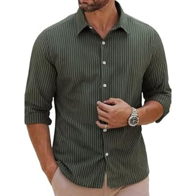 [BAYAMO] BAYAMO Men's Button-Down Striped Shirts Casual Long Sleeve Cotton Linen Collared Shirts Fashion Business Dress Shirt