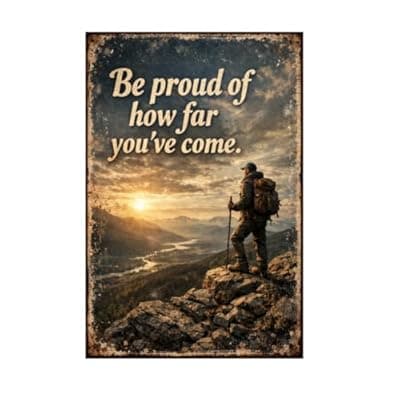 [Carastora] Be Proud Of How Far Youve Come Tin Sign Inspirational Quote Metal Wall Decor Mountain Hiker Sunset Landscape Rustic Motivation Plaque Vintage Progress Art For Home Office Cabin 8x12 Inch