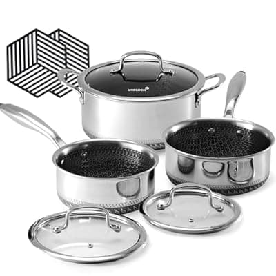 [USELUCK] USELUCK Hybrid Nonstick Pot Set, 1.5 QT Sauce Pan, 2 and 5.2 QT Stock Pot with Glass Lids,Cookware sets,Stay-Cool Handles,2 Silicone Trivets,Dishwasher-Friendly,Compatible All Cooktops.