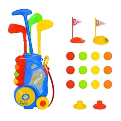 [Nattork] Nattork Toddler Golf Set for Boys Girls Aged 1 2 3 Years Old, Upgraded Kids Golf Cart with 4 Clubs & 12 Balls, Outdoor Indoor Sports Toy Birthday Gift, Blue