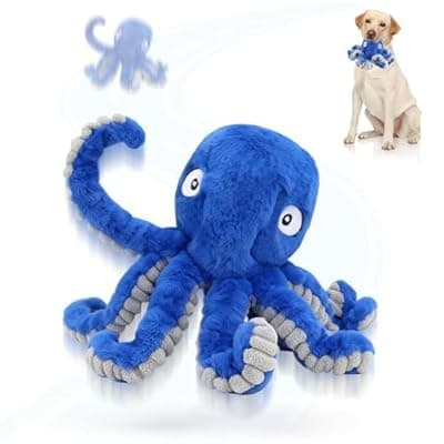 [VOXGET] VOXGET Interactive Dog Octopus Toy Ball, Upgrade Automatic 1.5H Jumping Ball with Motion Activation for Small Large Dogs, 2 in 1 Rechargeable Move & Tug Plush Toy for Pets Keep Busy, No Music (Blue)