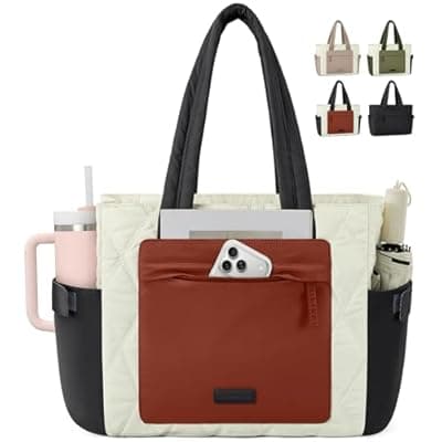 [RAINSMORE] RAINSMORE Work Tote Bag for Women, Puffer Laptop Tote Bag for Teacher Large Lightweight Quilted Travel Bag with Cup Holder