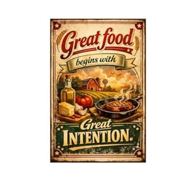 [Carastora] Great Food Begins With Great Intention Tin Sign Vintage Kitchen Wall Decor Rustic Farmhouse Cooking Quote Metal Poster Retro Culinary Art 8x12 Inch Food Lover Home Restaurant Cafe Wall Display