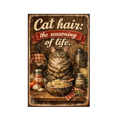 [Carastora] Cat Hair The Seasoning of Life Vintage Tin Sign Funny Cat Kitchen Wall Decor Retro Metal Plaque Rustic Farmhouse Cat Lover Gift 8x12 Inch Pre Drilled