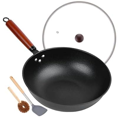 [Bretor] 13" Nonstick Wok - Wok Pan with Glass Cover, Carbon Steel Woks & Stir-Fry Pans: Flat Bottom Chinese woks for Electric, Induction, Gas, All Stoves