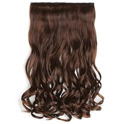 [JCL] 5 Clip in Hair Extensions Synthetic Thick Curly Wavy Hairpieces for Women 18 Inch Natural Looking 3/4 Full Head Clip on Hair Extensions Light Brown