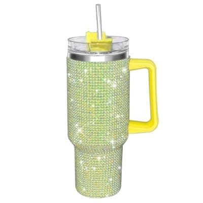 [HWISDMIG] 30oz Bling Rhinestone Studded Tumbler with Top Handle, Bling Cups Stainless Steel Water Bottle Diamond Glitter Tumbler for Women - Birthday Gifts for Women, Mom,Get Well Soon Gifts (Pomelo)