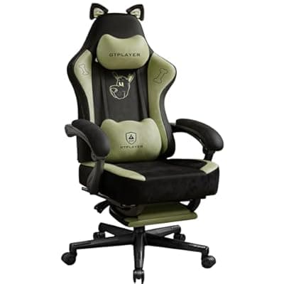 [GTPOFFICE] GTPOFFICE Cute Gaming Chair with Cat Ears, Ergonomic Computer Chair with Footrest Cat Paw Lumbar Support Comfortable Reclining Game Chair Desk Chair for Adult Teens, Soft Fabric, Green